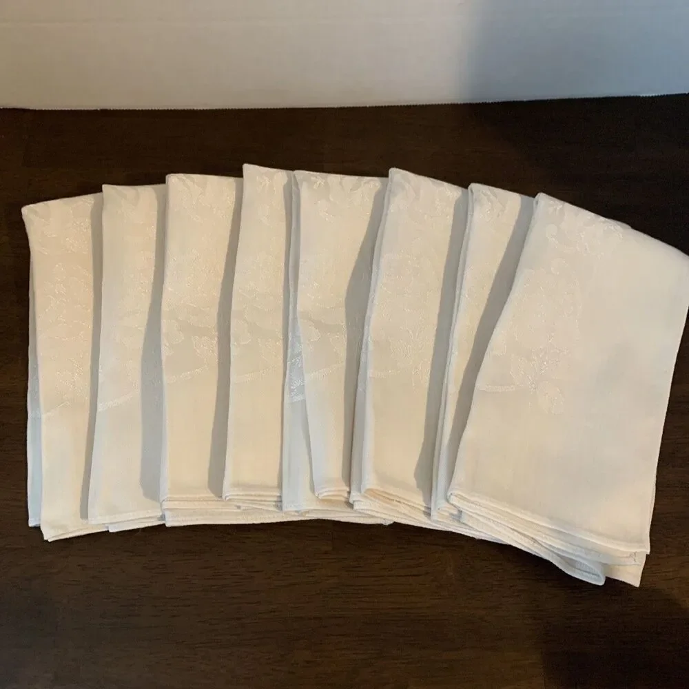 8 Floral Satin Brocade Dinner Napkins, Ivory Linen With Stitched Edge